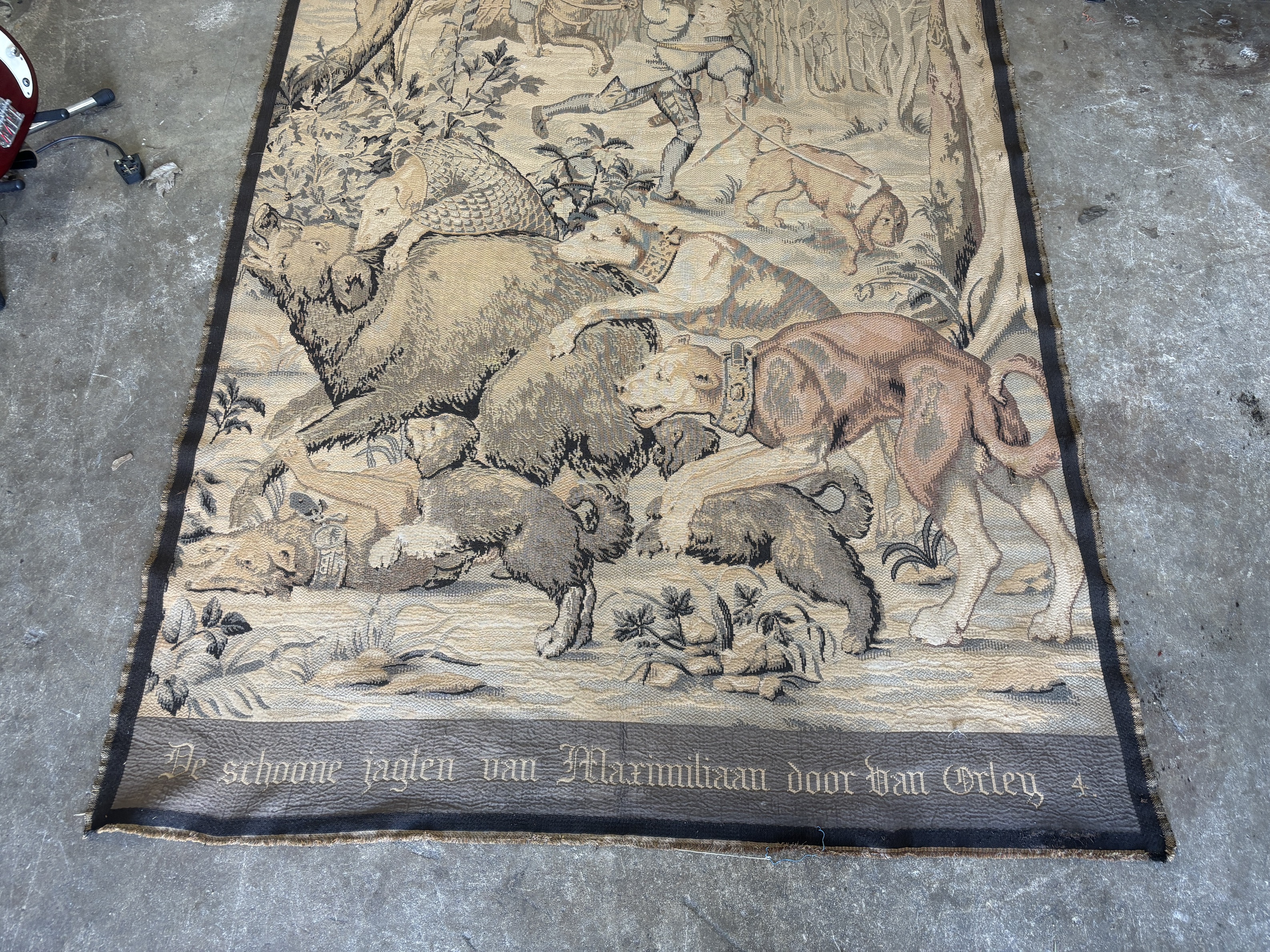 A German machine tapestry of a hunting scene, 300cm high